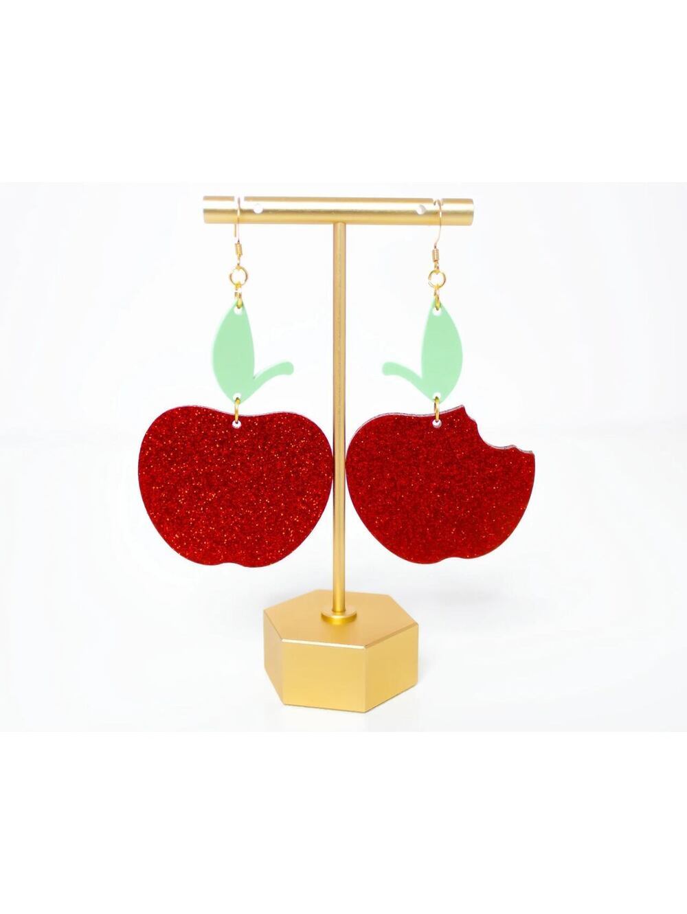 momenti di vita Red Glitter Apple Acrylic Earrings with Green Leaf Accent - Picture 3 of 4